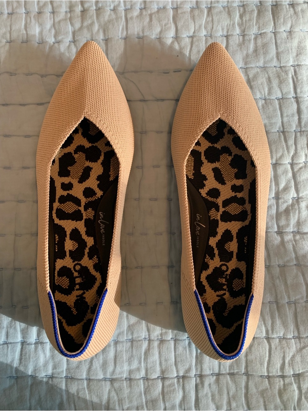 Rothy's Nude Pointed Knit Flats with Leopard Insole and Blue Trim | 8